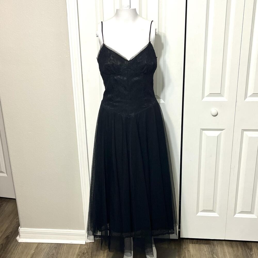 Betsey Johnson Vintage 90s Evening Dress Womens 6 Black Lace Tulle Alley Cat